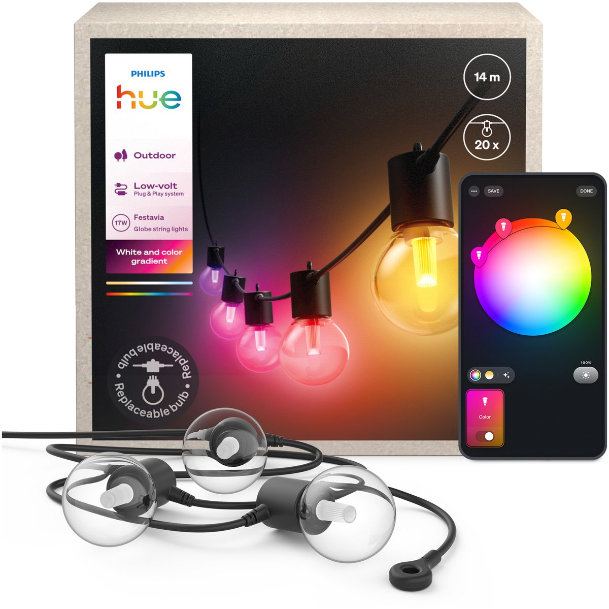 Philips Hue Festavia Globe udendørs lyskæde, 14 m