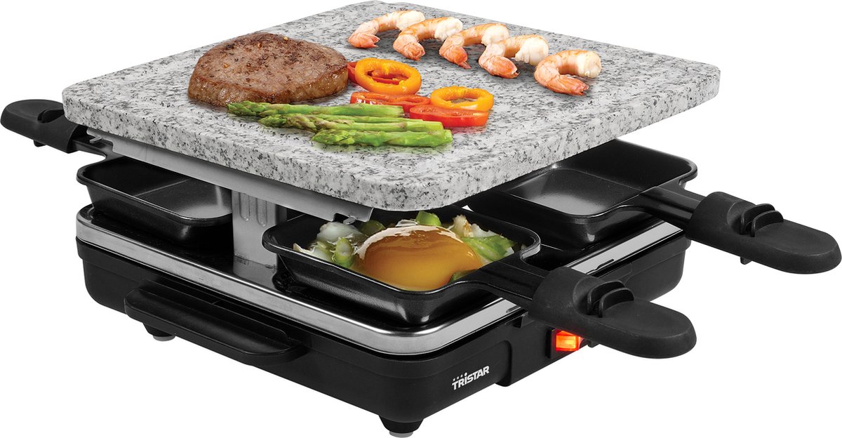 Tristar RA-2745 Raclette Non-stick-beläggning, Kontrolljus, 4 pannor, med grillsten Svart, Grå