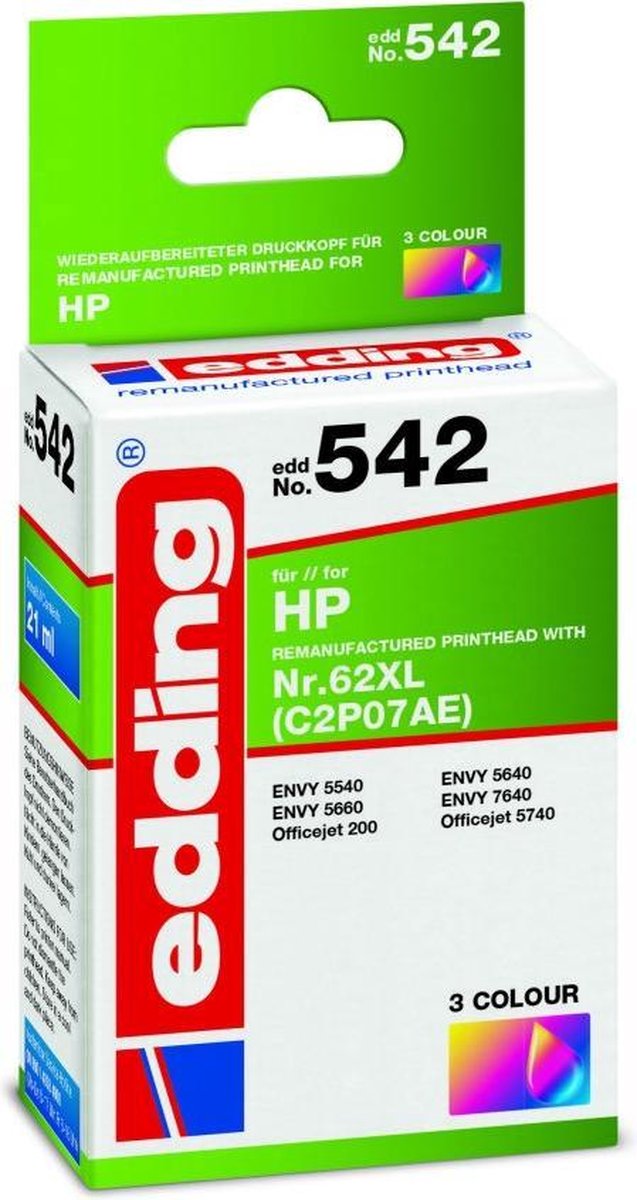 Edding Bläck Ersätter HP 62XL (C2P07AE) Kompatibel Cyan, Magenta, Gul EDD-542 18-542