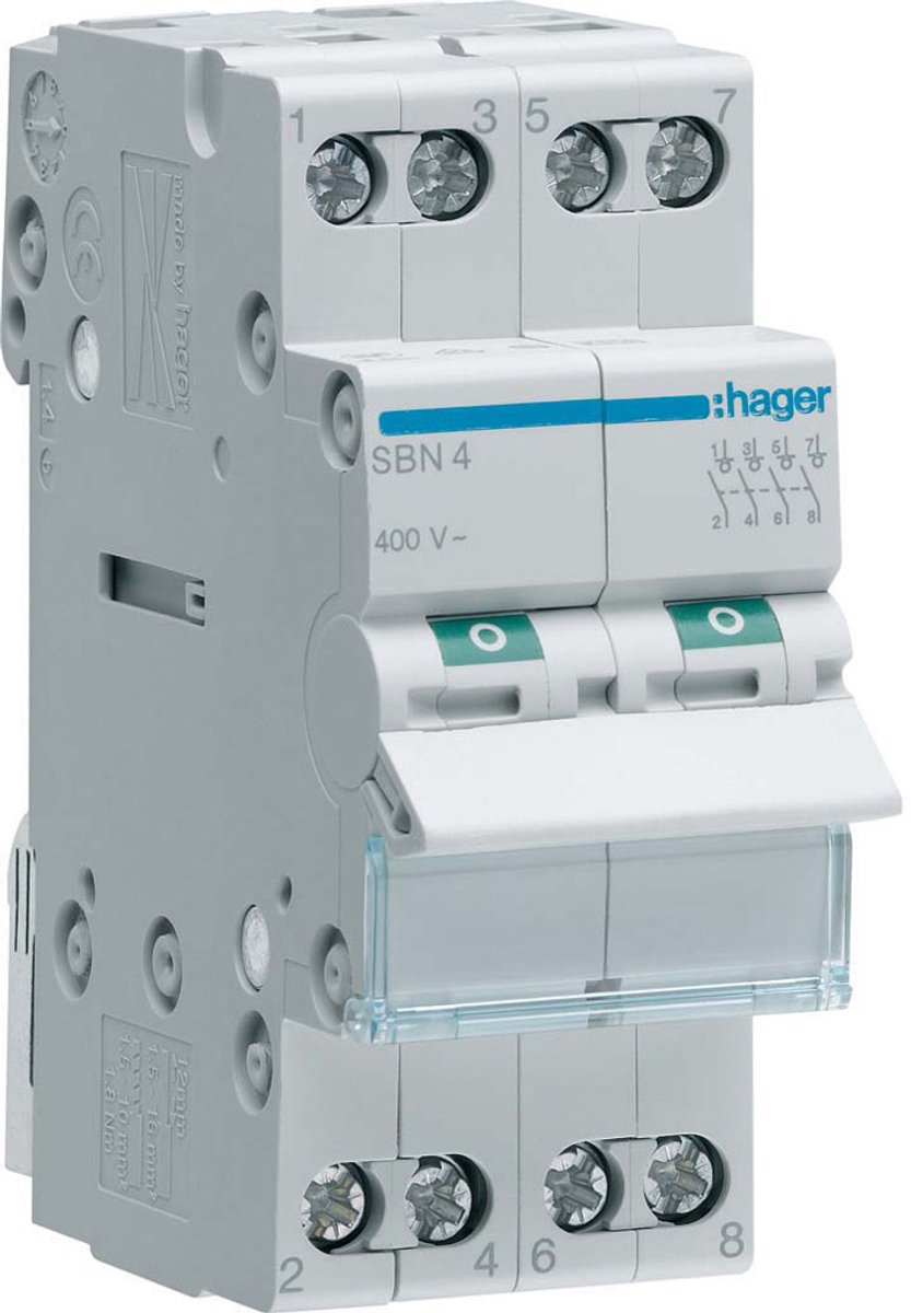 Disjoncteur 4 pôles 25 A 4 NO (T) 400 V Hager SBN425