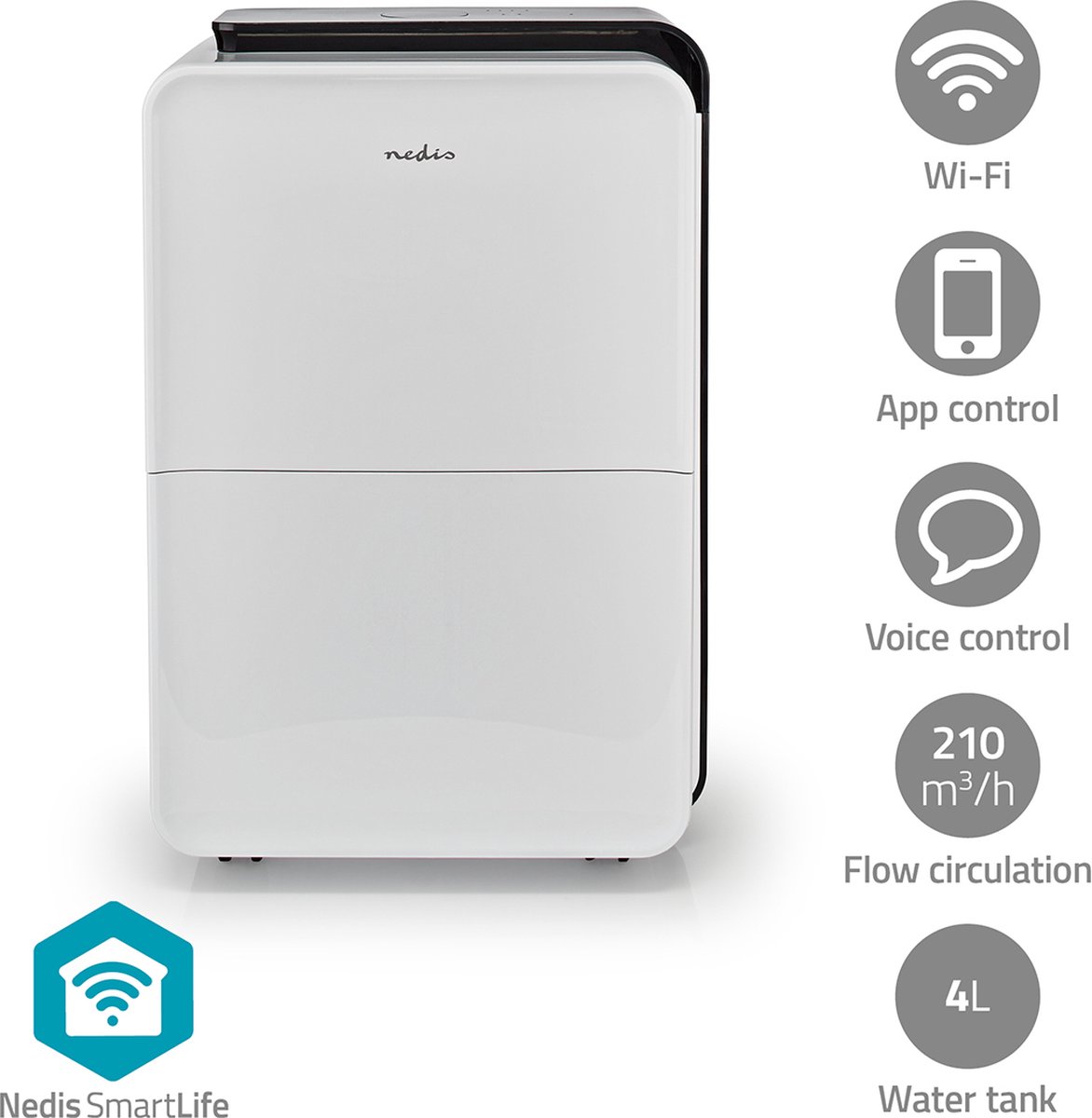 Nedis SmartLife Dehumidifier | Wi-Fi | 30 l/Day | Dehumidification / Continuous / Max+ / Dry laundry / Ventilation | Android™ / IOS | Adjustable hygros