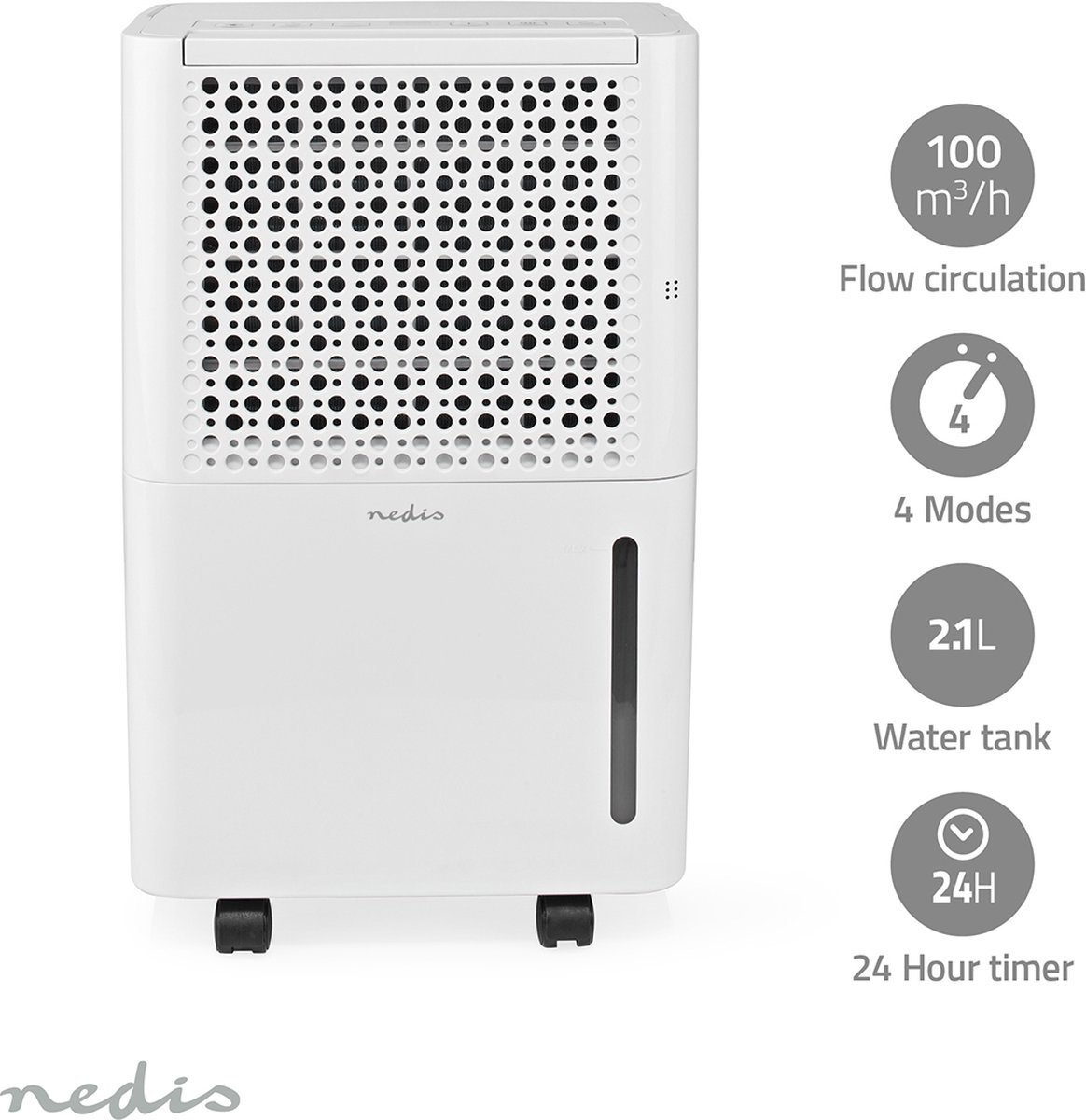 Nedis Dehumidifier 10L/Day, Automatic Dry Function, Laundry Mode, 100 m/h Airflow, White