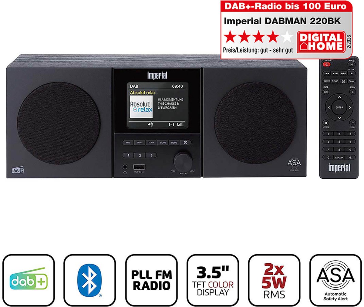 Imperial DABMAM 220BK Compact DAB+, FM Stereo Radio with Bluetooth Speaker & Remote Control - Black