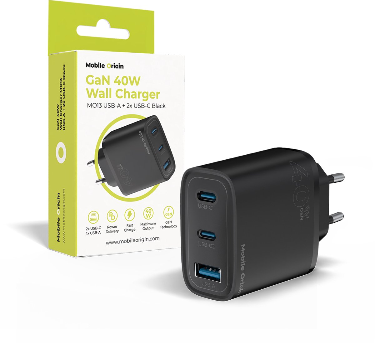 Mobile Origin GaN 40W Wall Charger MO13 - black - 1 USB-A + 2 USB-C