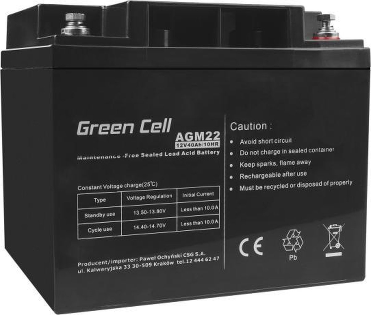 Green Cell AGM22 - 12V 40Ah VRLA Battery | AGM | Maintenance-Free