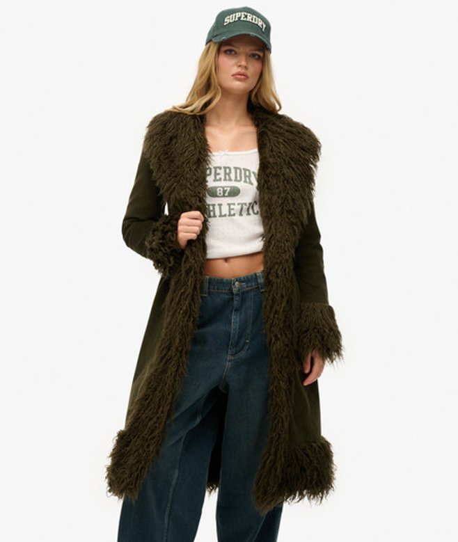 Superdry Damen Längerer Afghanischer Mantel mit Kunstfellfutter Kaki - Größe: 42
