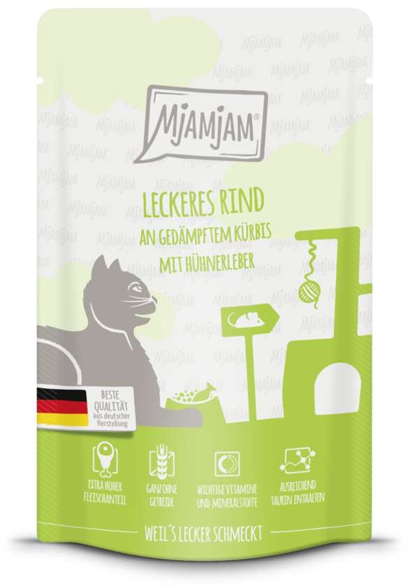 MjAMjAM Saquetas 24 x 125 g - Pack económico - Saborosa carne de vaca com abóbora ao vapor