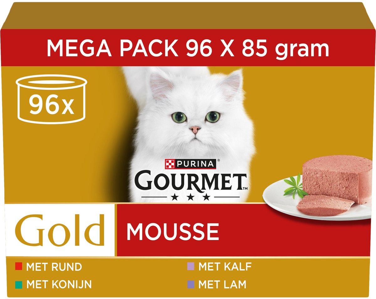 Purina Gourmet Gold 96 x 85 g - Jumbopack - Mousse: vaca, coelho, cordeiro, vitela