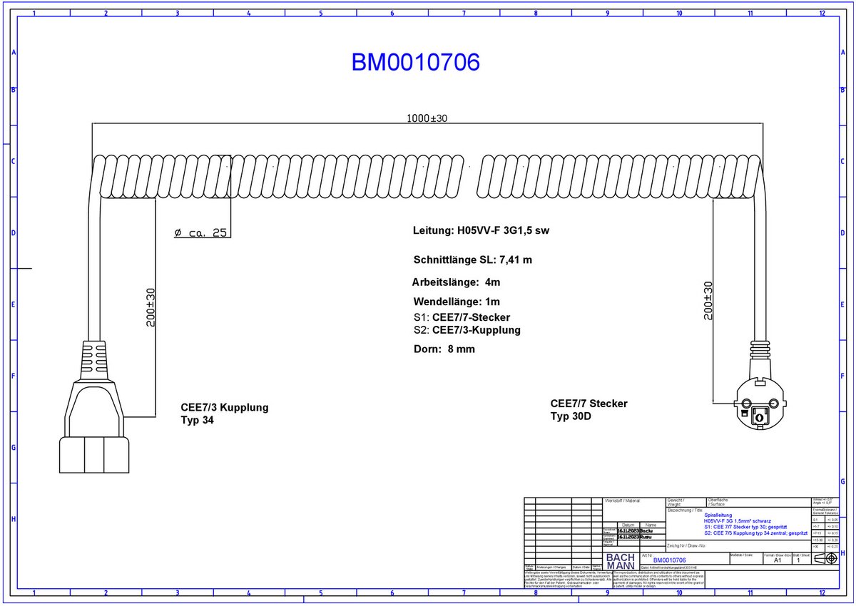 Bachmann Spiralleitung H05VV-F BM0010706 3G1,5qmm 4,0m sw CEE7/7