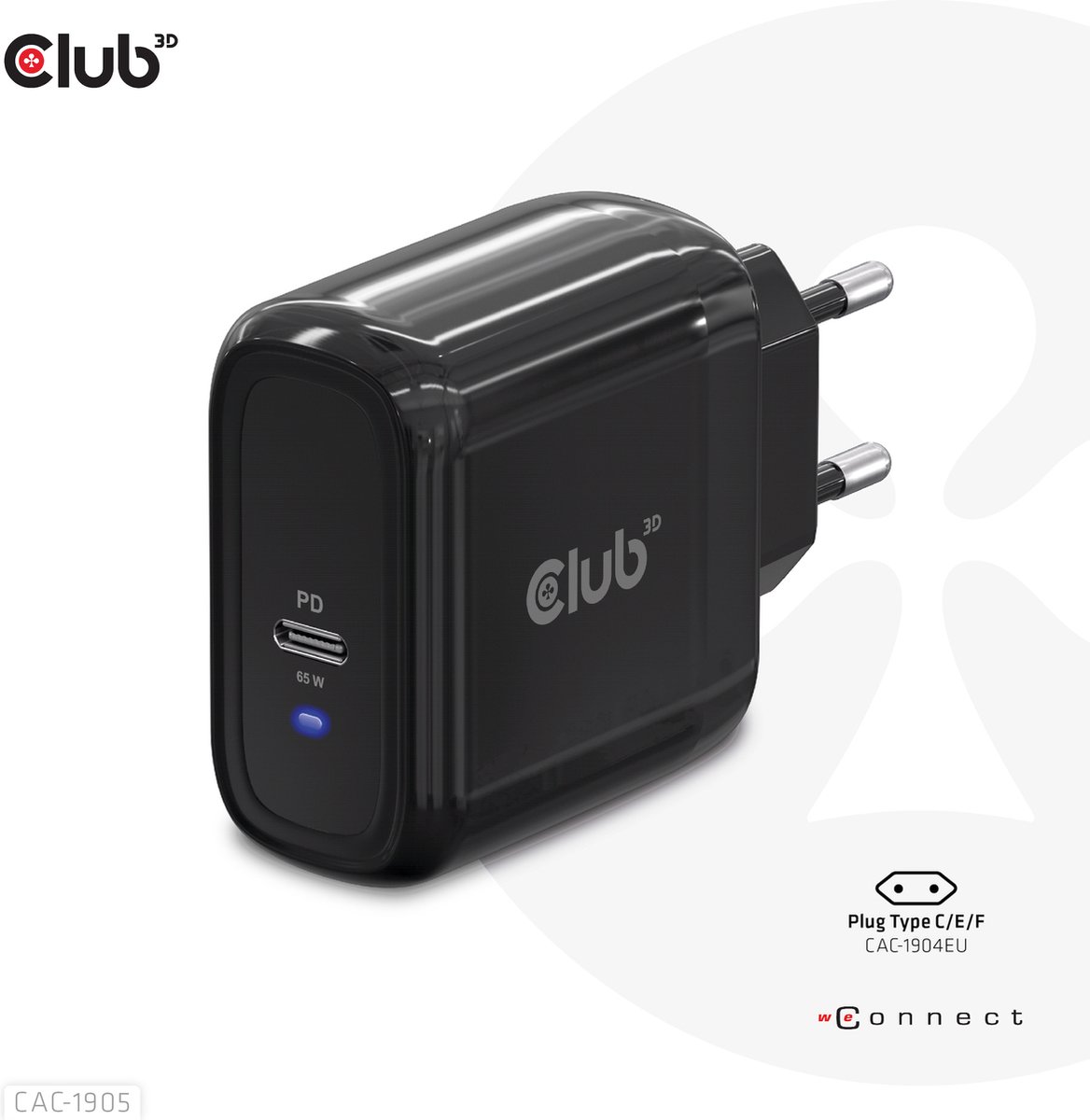 CLUB3D Travel Charger 65W GAN technology, Single port USB Type-C, Power Delivery(PD) 3.0 Support