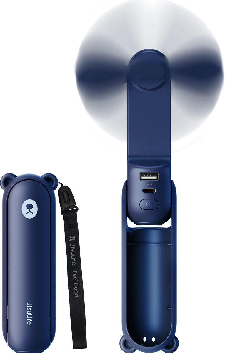 Jisulife Handheld Fan Life8 Mini Portable USB Fan with 2000mAh Power Bank and Flashlight - Blue