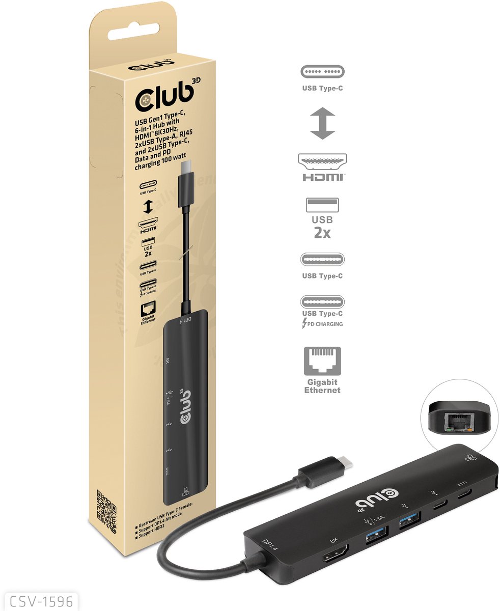 CLUB3D USB Gen1 Type-C, 6-in-1 Hub with HDMI 8K30Hz, 2xUSB Type-A, RJ45 and 2xUSB Type-C, Data and PD charging 100 watt