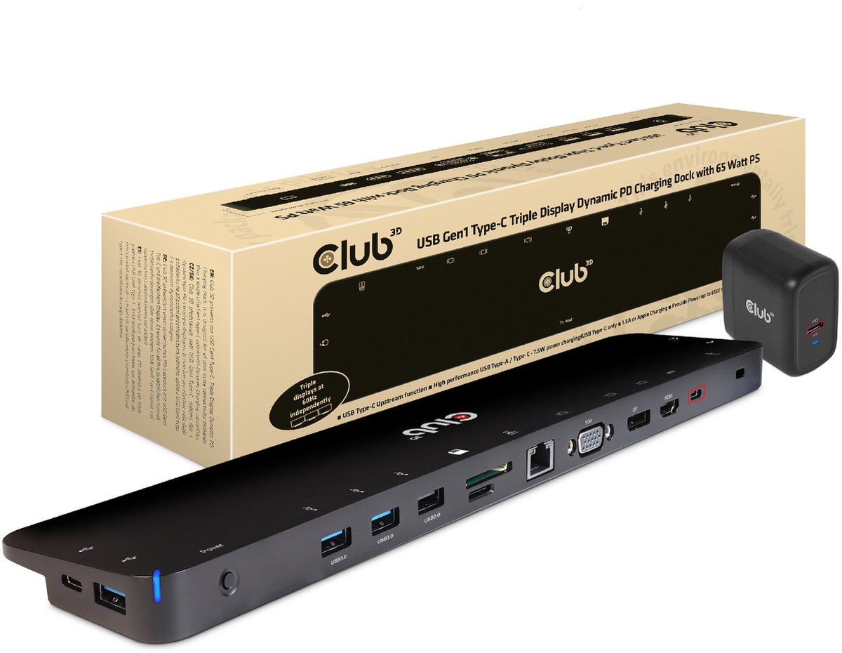 CLUB3D UNIVERSAL USB Gen1 Typ-C Triple Display Dynamic PD Ladestation mit 65 Watt PS (VGA, HDMI, DP, ETHERNET)