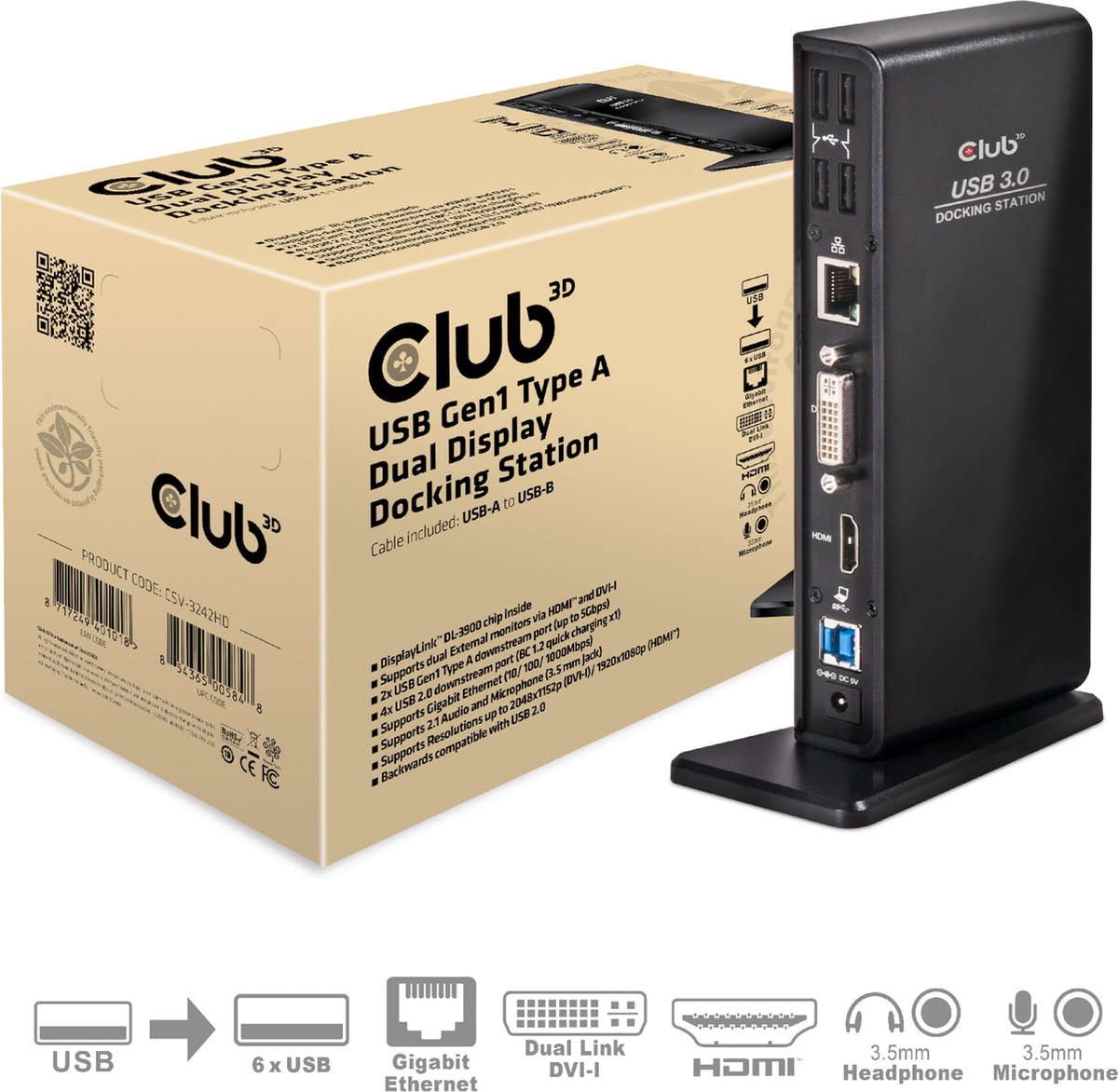 CLUB3D USB Gen1 Type A Dual Display Docking Station
