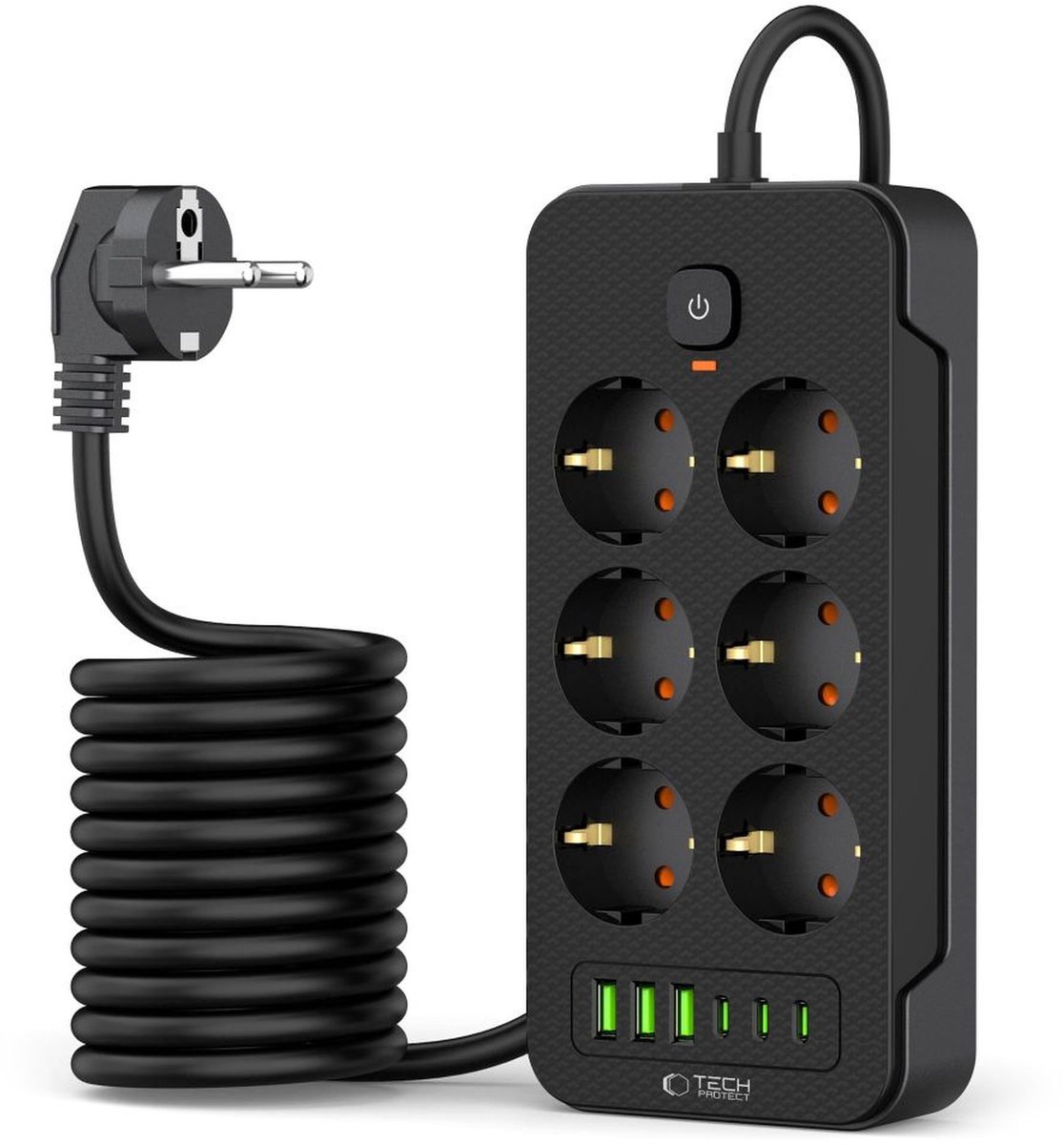 Tech-Protect Power Strip PC6X6 6 Sockets 240V + 3xUSB-A + 3xUSB-C 200cm - Black
