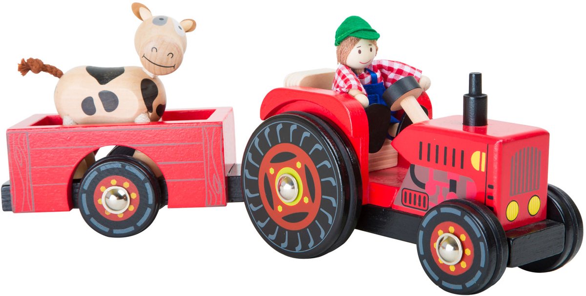 Small Foot - Wooden Tractor with Trailer Red and Trailer Red and Play Figures 4dlg.