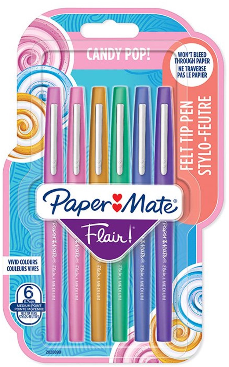 Paper Mate Flair filtspetspennor | Mediumspets (0,7 mm) | Sortiment av Candy POP-färger | 6 stycken