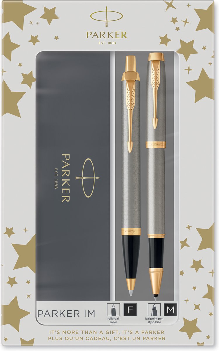 Parker Park IM Duo Kulspetspenna och Roller Pen Presentset | Borstad metall med guldkant | Svart bläckpåfyllning och patron | Presentförpackning