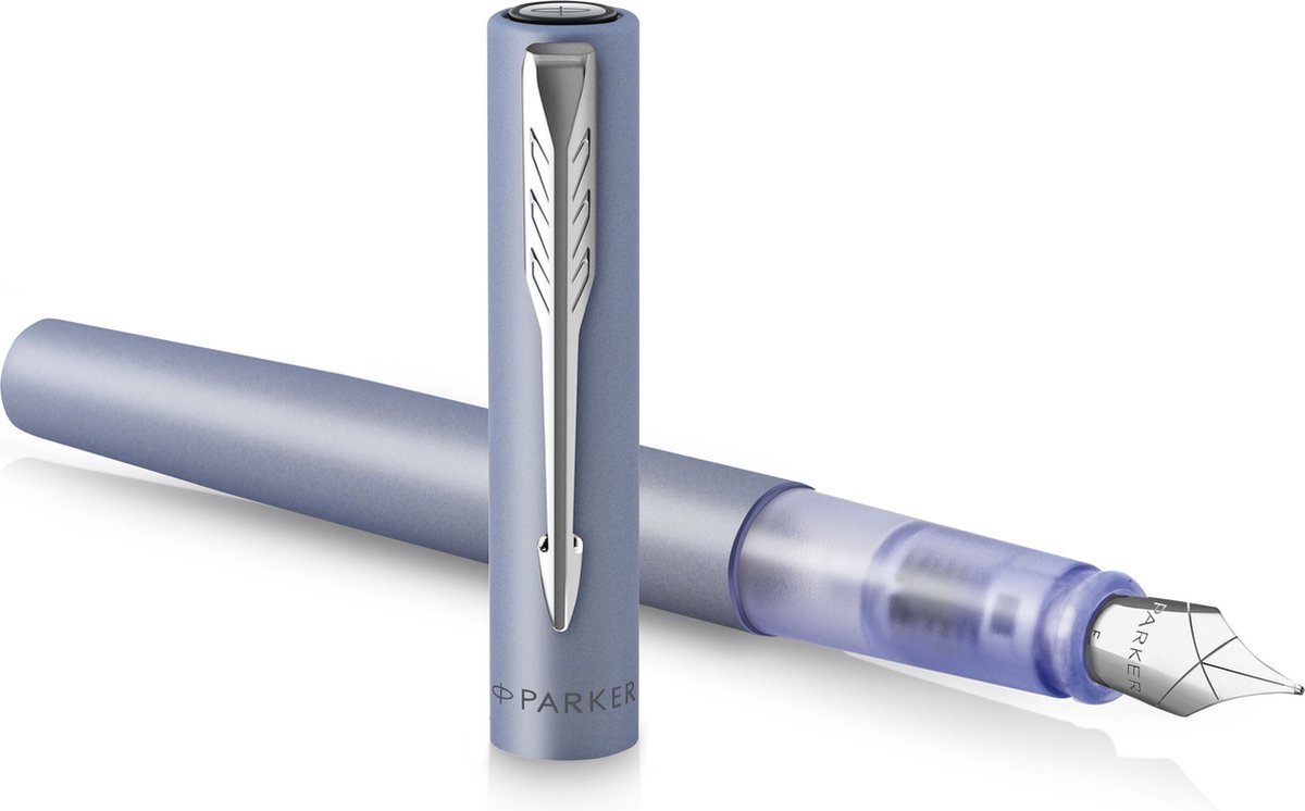 Parker Vector XL reservoarpenna | Metallisk silverblå lack på mässing | Medium spets med blått bläckfyllning | Presentförpackning