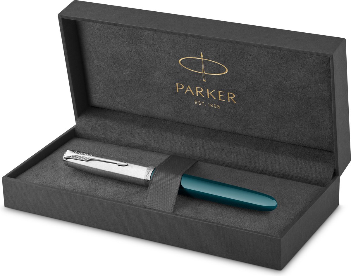 Parker 51 reservoarpenna | Turkosblå cylinder med kromdetaljer | Fin spets med svart bläckpatron | Presentförpackning