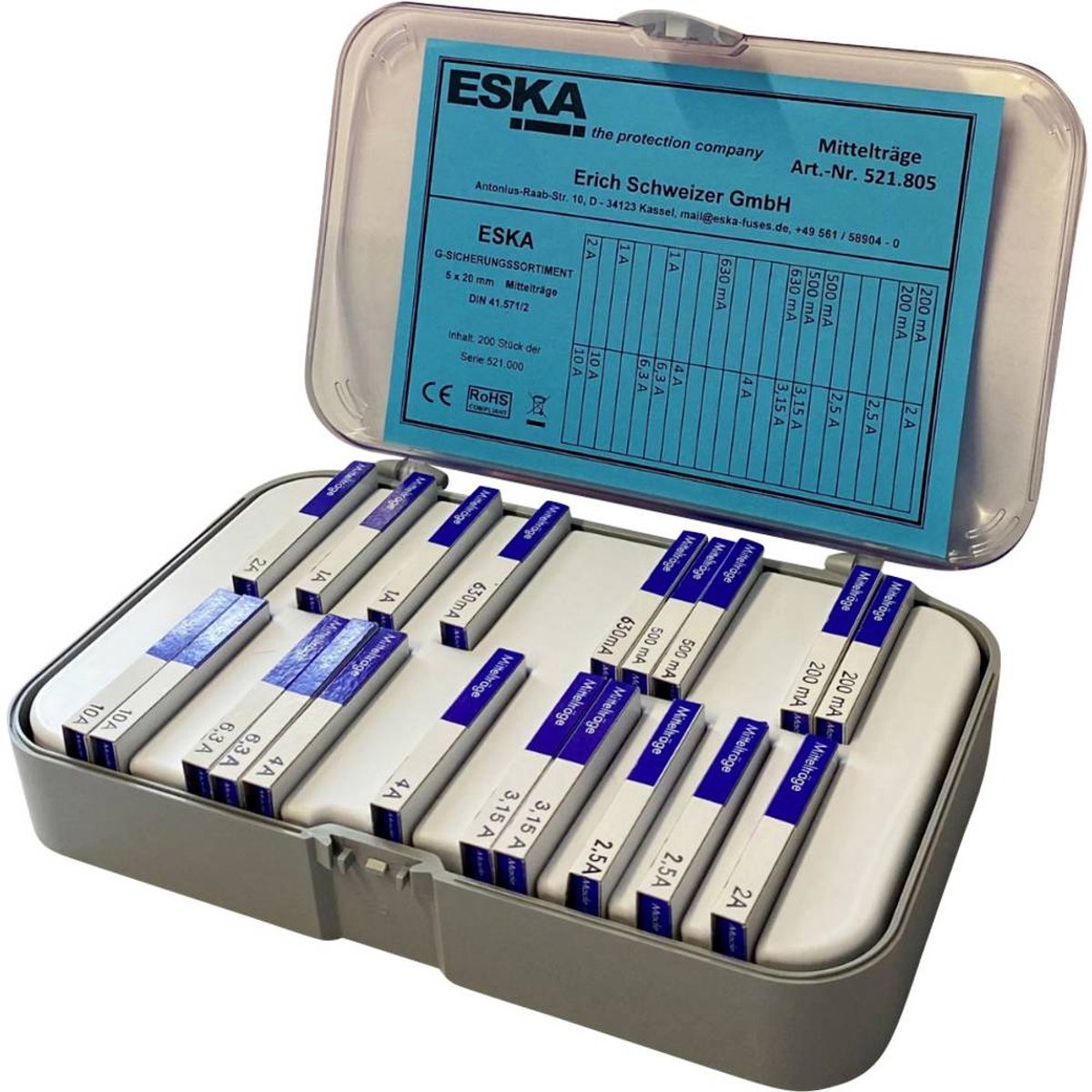ESKA 521805 Säkring sortiment (Ø x L) 5 mm x 20 mm Medeltrög -mT- Innehåll 200 st Package