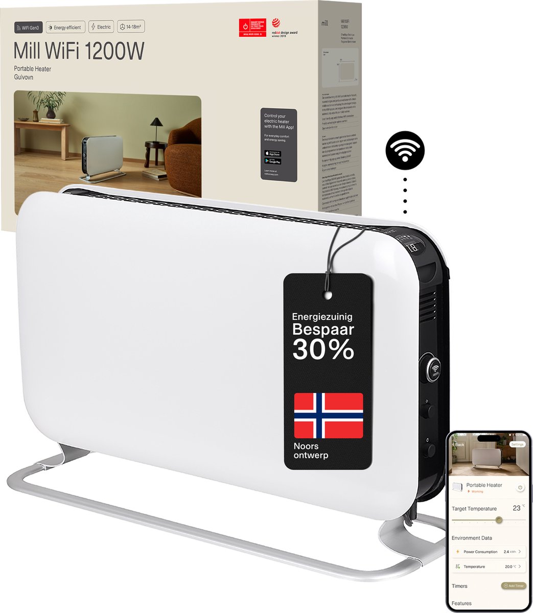 Mill gen.3 Golvelement med app 1200 W Vit