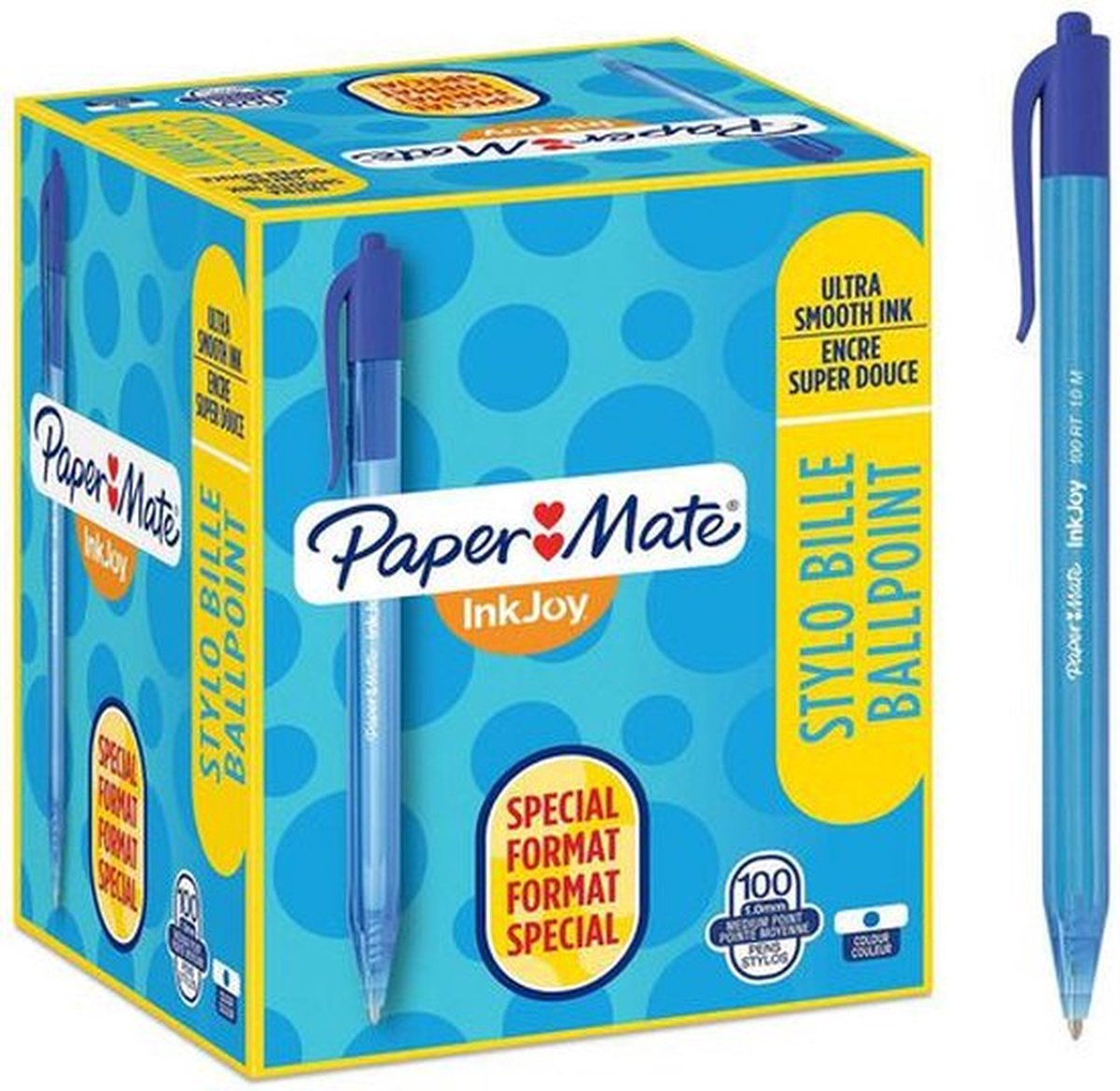 Paper Mate InkJoy 100RT Kulspetspennor med tryckknapp | Mediumspets (1,0 mm) | Blå | 100 stycken