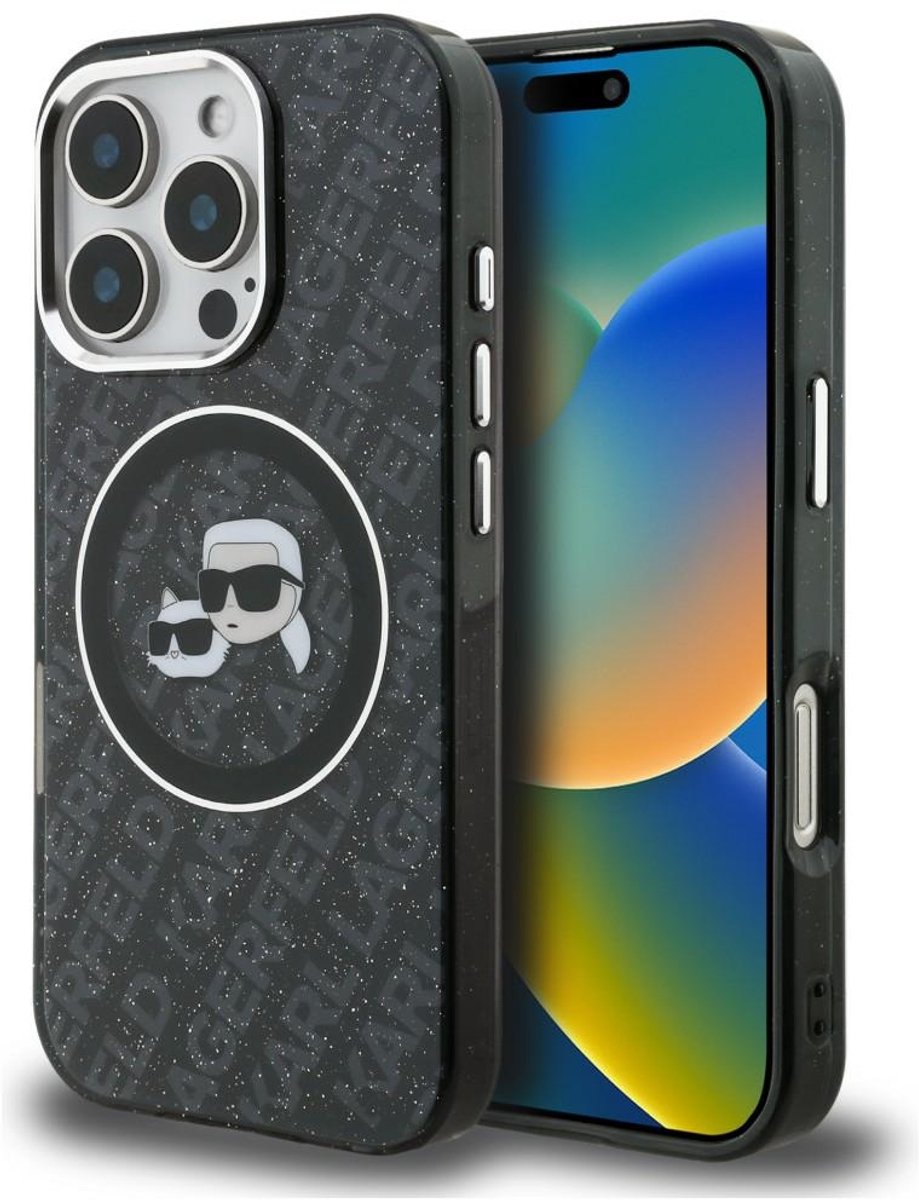 Karl Lagerfeld IML Glitter Karl & Choupette Heads Logo MagSafe Case for iPhone 16 Pro - Black
