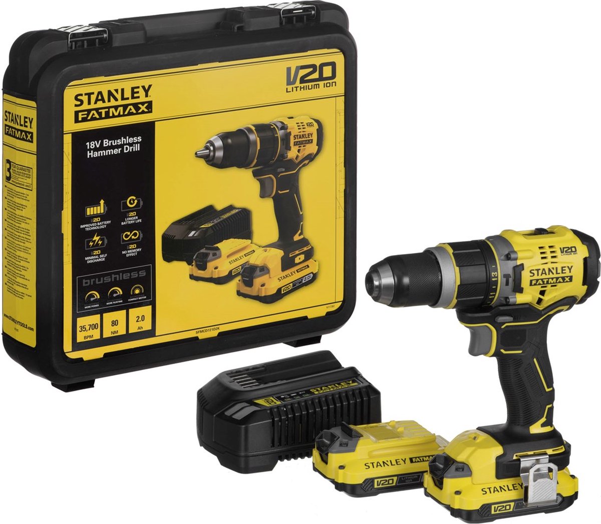 Stanley 18V Fatmax® V20 Brushless Hammer Drill With 2 x 2.0Ah Batteries And Kit Box