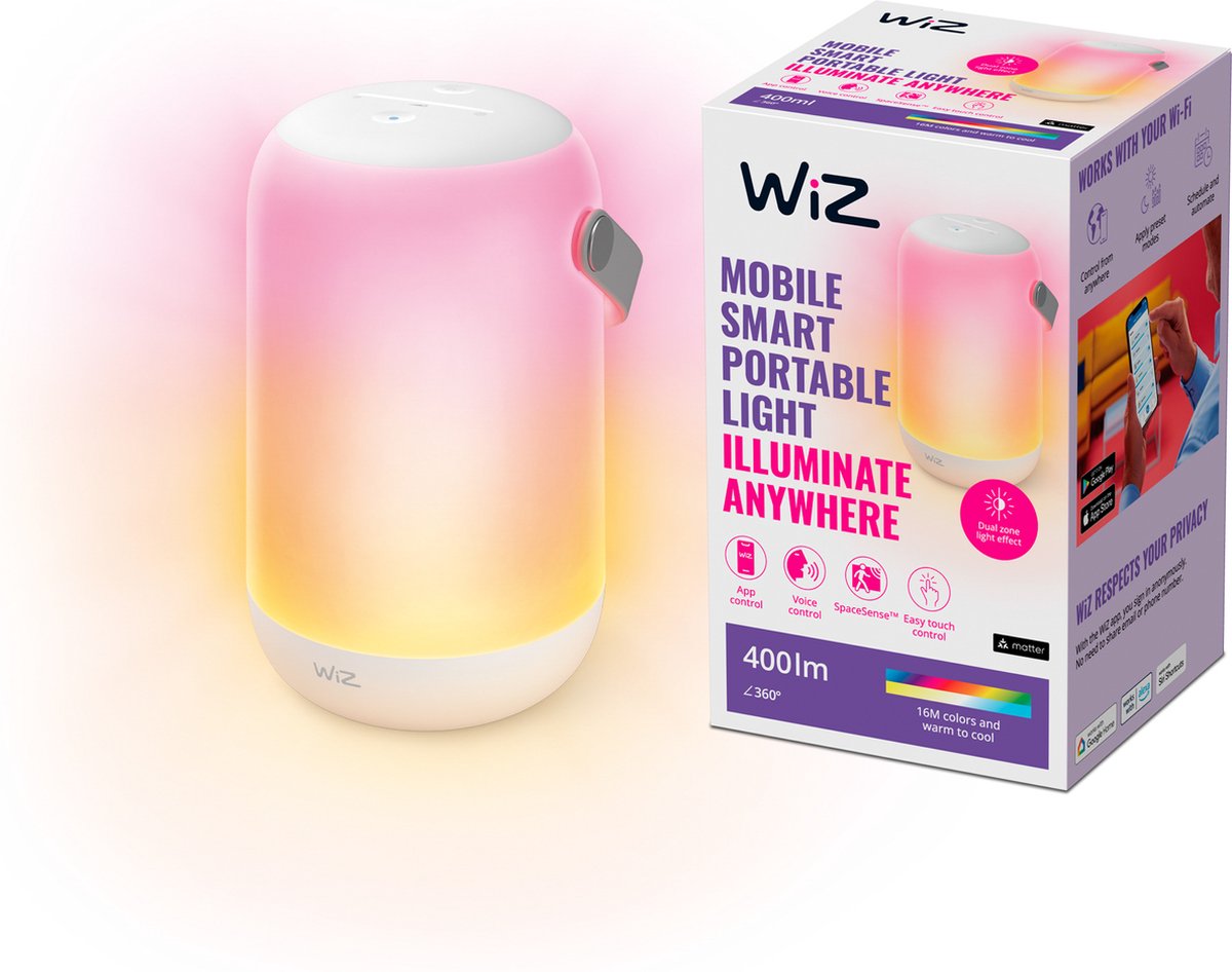 WiZ Mobile Smart Bærbar Lampe, Justerbar hvidt & farvet lys, App & Stemmestyring