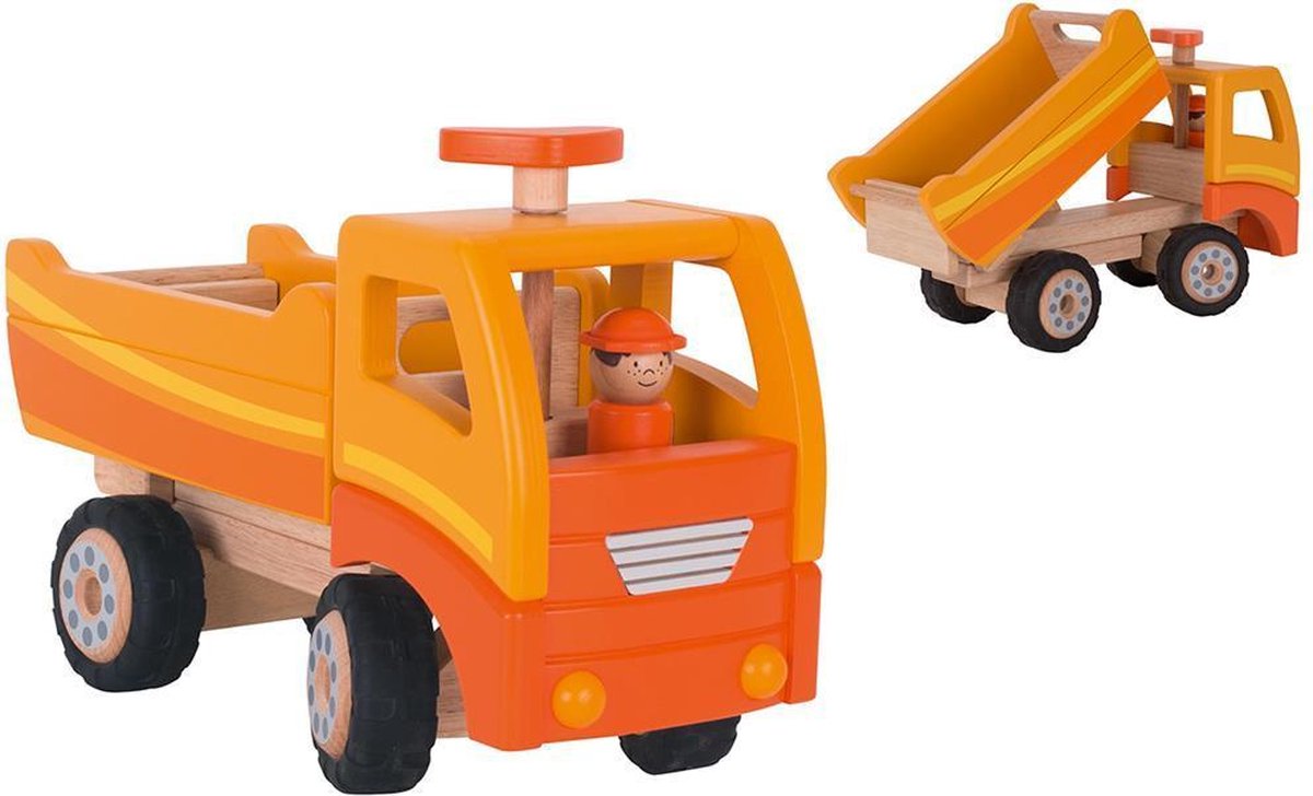 Goki Wooden Dump Truck Orange with Swivel Wheels