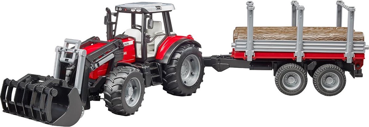 Bruder Massey Ferguson 7480 tractor with frontloader and timber trailer toy