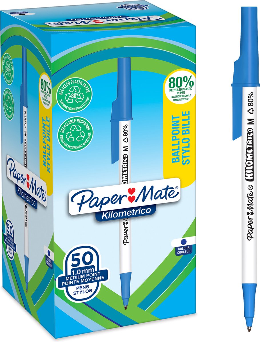 Paper Mate Kilometrico kuglepenne | Lang skrivning med mellempunkt (1,0 mm) | Blåt blæk | 80% genanvendt plast | 50 Stk
