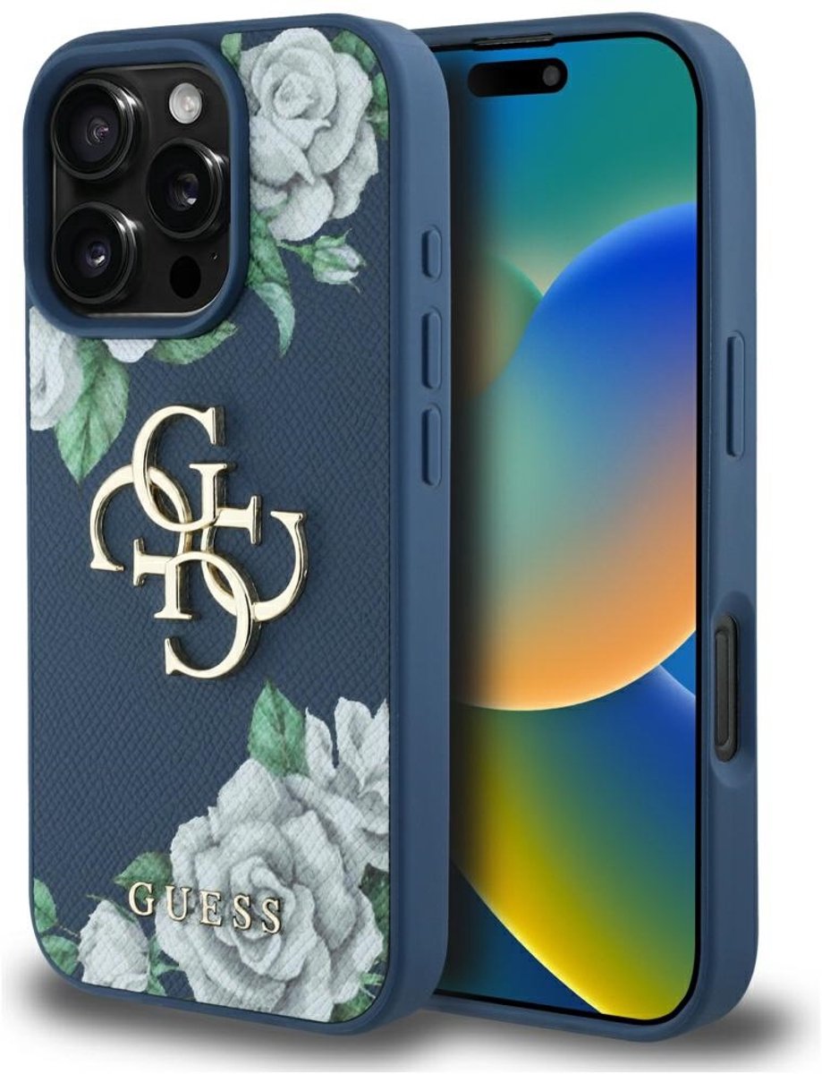 GUESS Grained Roses Big 4G logo case for iPhone 16 Pro - blue