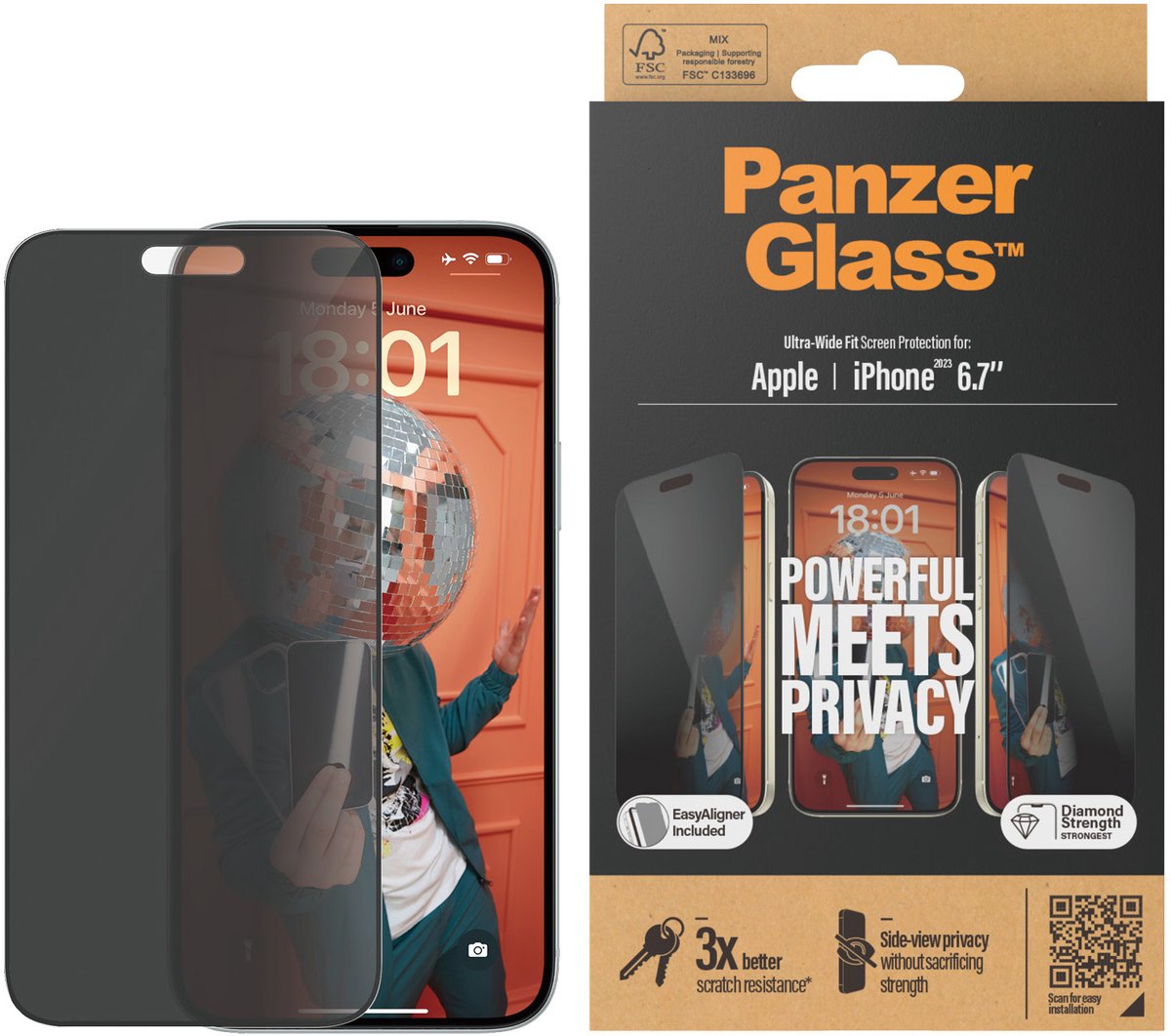 PanzerGlass Privacy Screen Protector iPhone 15 Plus | Ultra-Wide Fit w. EasyAligner