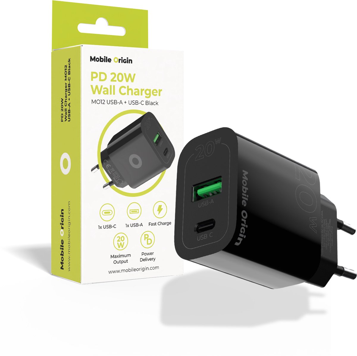 Mobile Origin PD20W Wall Charger MO12 - black - 1 USB-A + 1 USB-C
