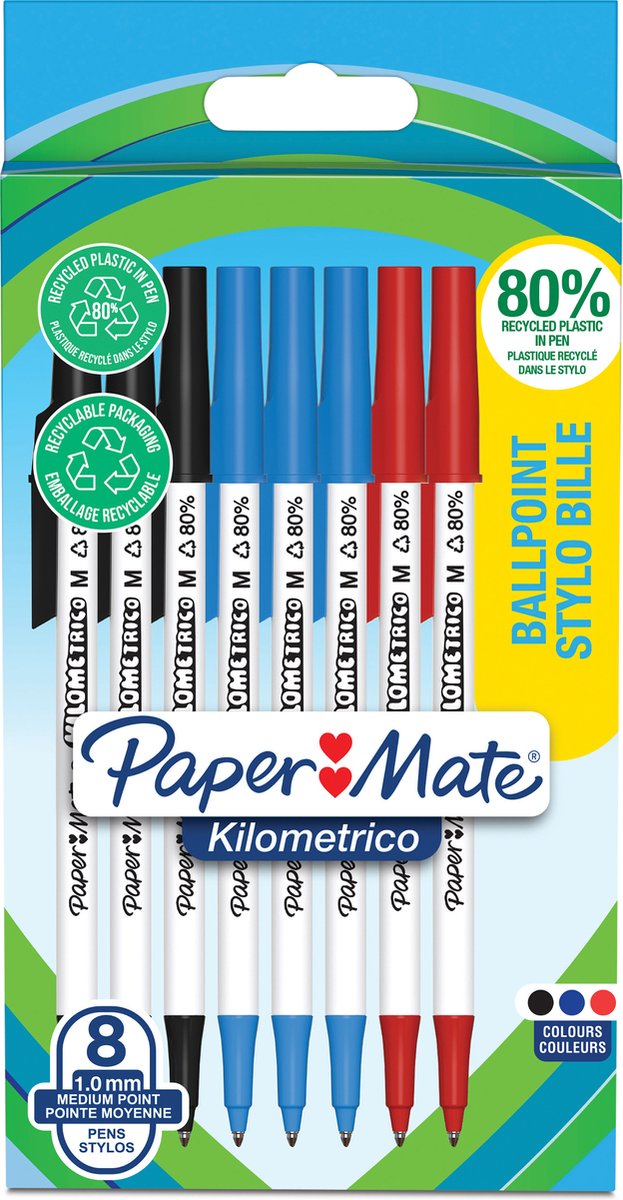 Paper Mate Kilometrico-kulspetspennor | Lång användningstid med mediumspets (1,0 mm) | Svart, blått och rött bläck | 80 % återvunnen plast | 8 st.