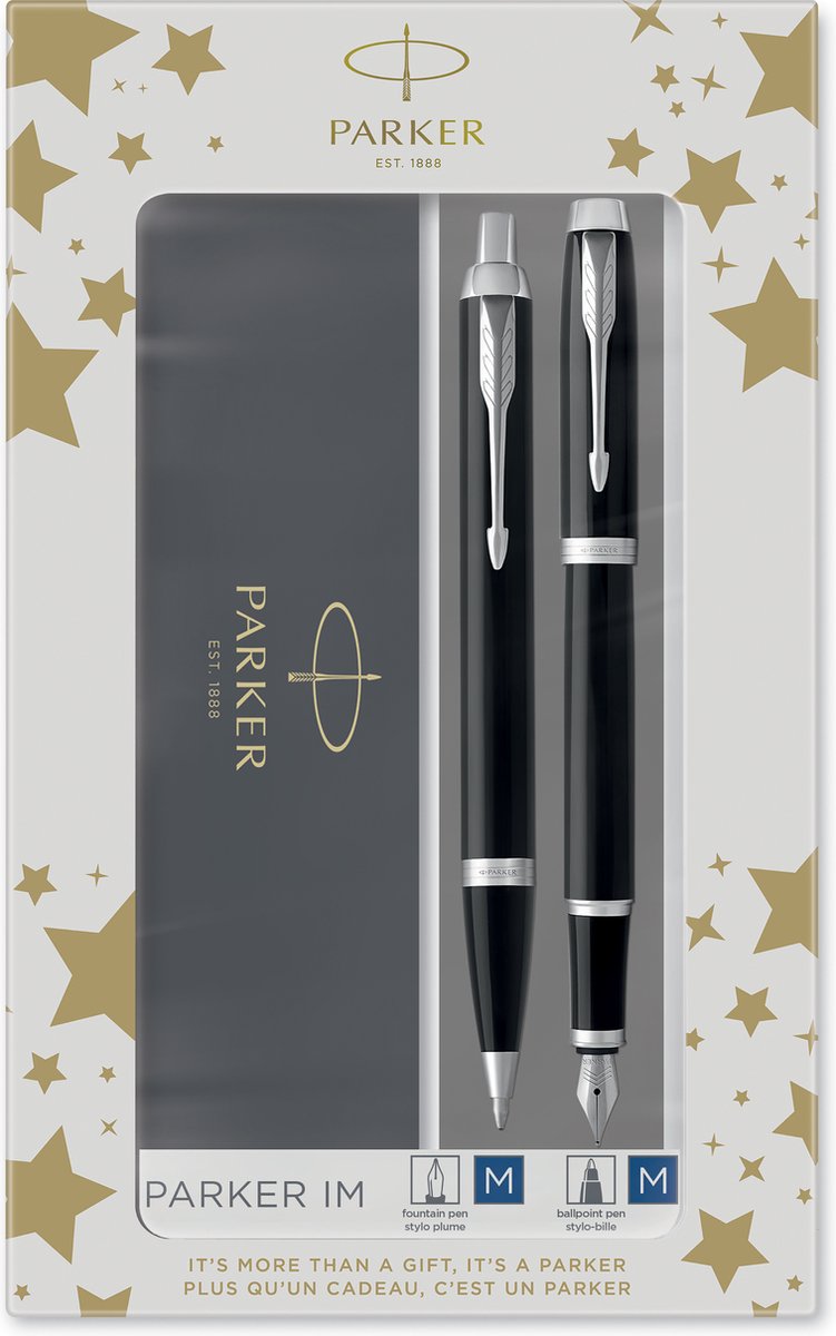 Parker Park IM Double Set med reservoarpenna och penna med svart lack med kromdetaljer, medium spets med blått bläck, presentset