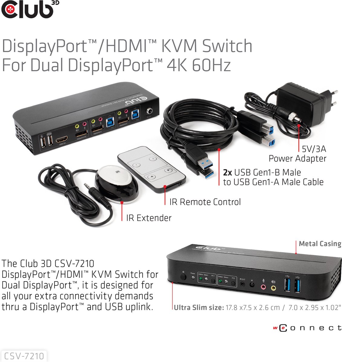 Club 3D CSV-7210 DisplayPort/HDMI KVM Switch for Dual DisplayPort 4K60Hz
