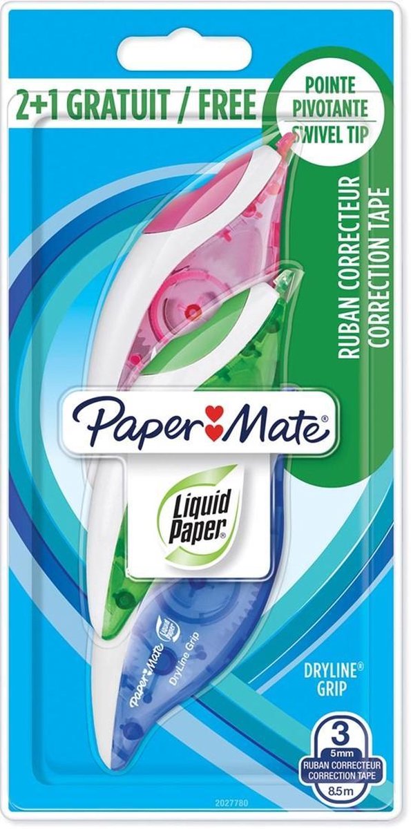 Paper Mate Liquid Paper DryLine Grip korrigeringstejp | Rosa & Blå | 2 stycken