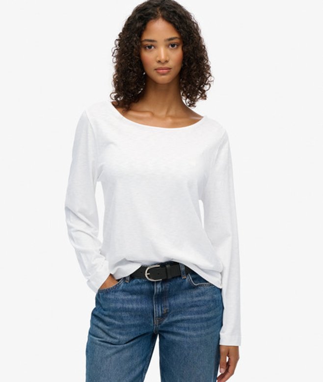 Superdry Damen Studios Langarmshirt mit Slub-textur White - Größe: 42