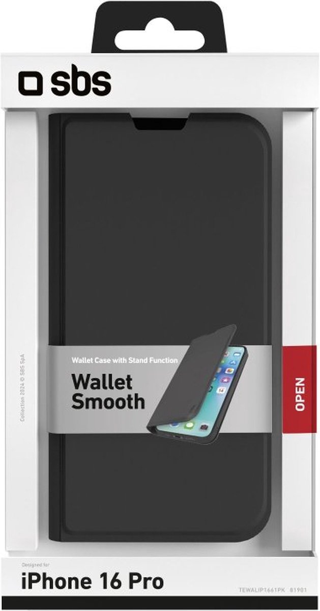 SBS Book-style fodral med stativstöd och soft touch-yta för iPhone 16 Pro - Svart