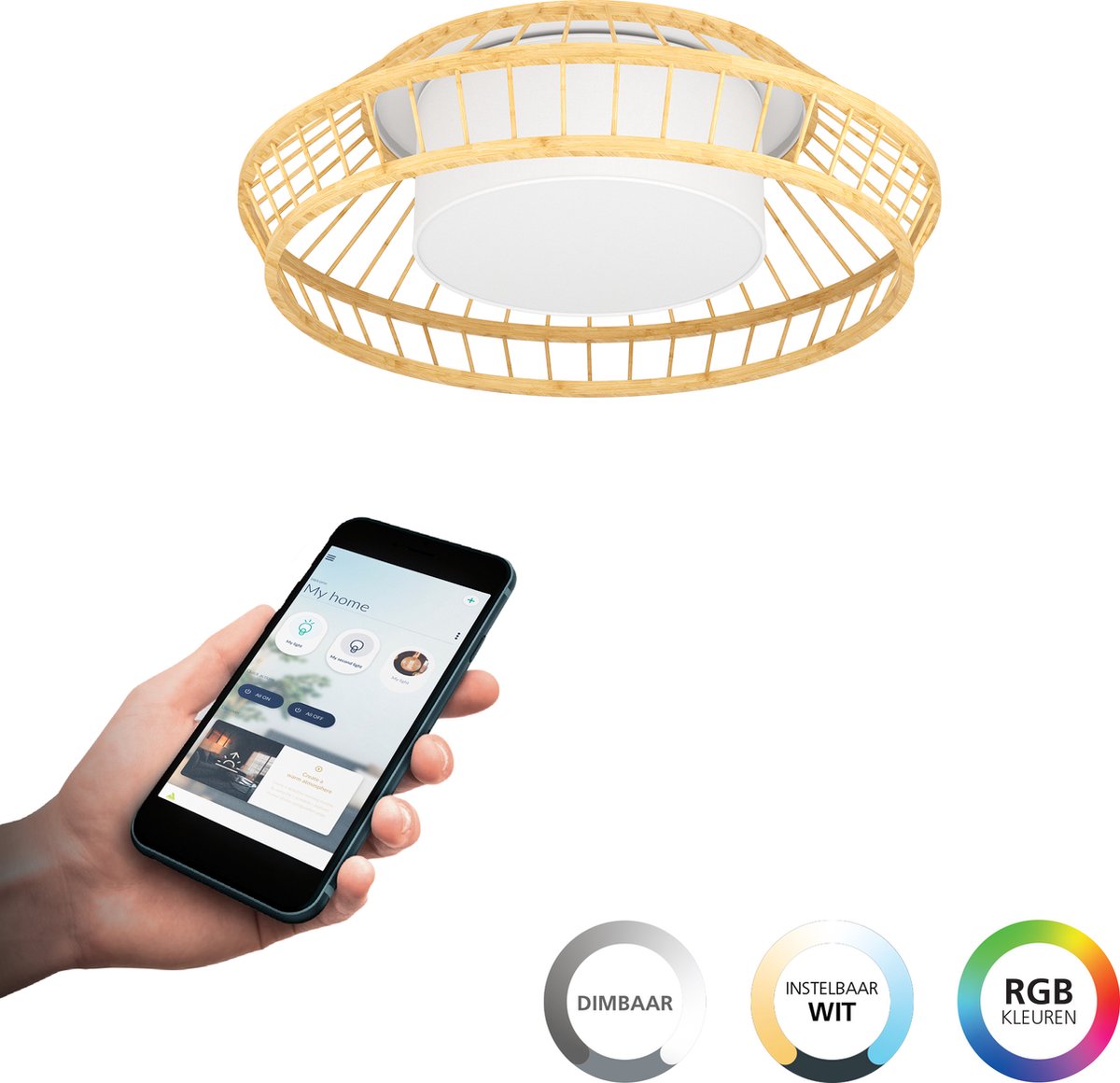 EGLO YUKU-Z TAKLAMPA Ø460 RGBTW VIT/BAMBU NATUR