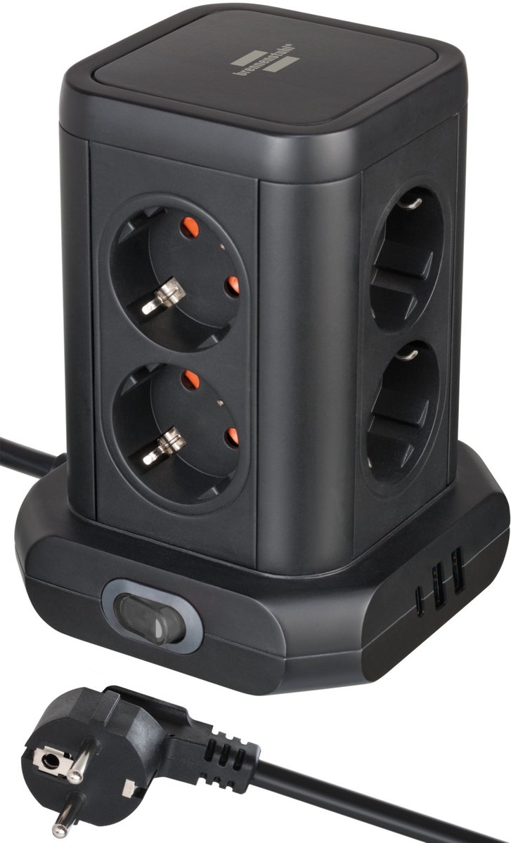 Brennenstuhl Steckdosenturm 8-fach mit 2x USB A & 1x USB C Power Delivery 2m schwarz