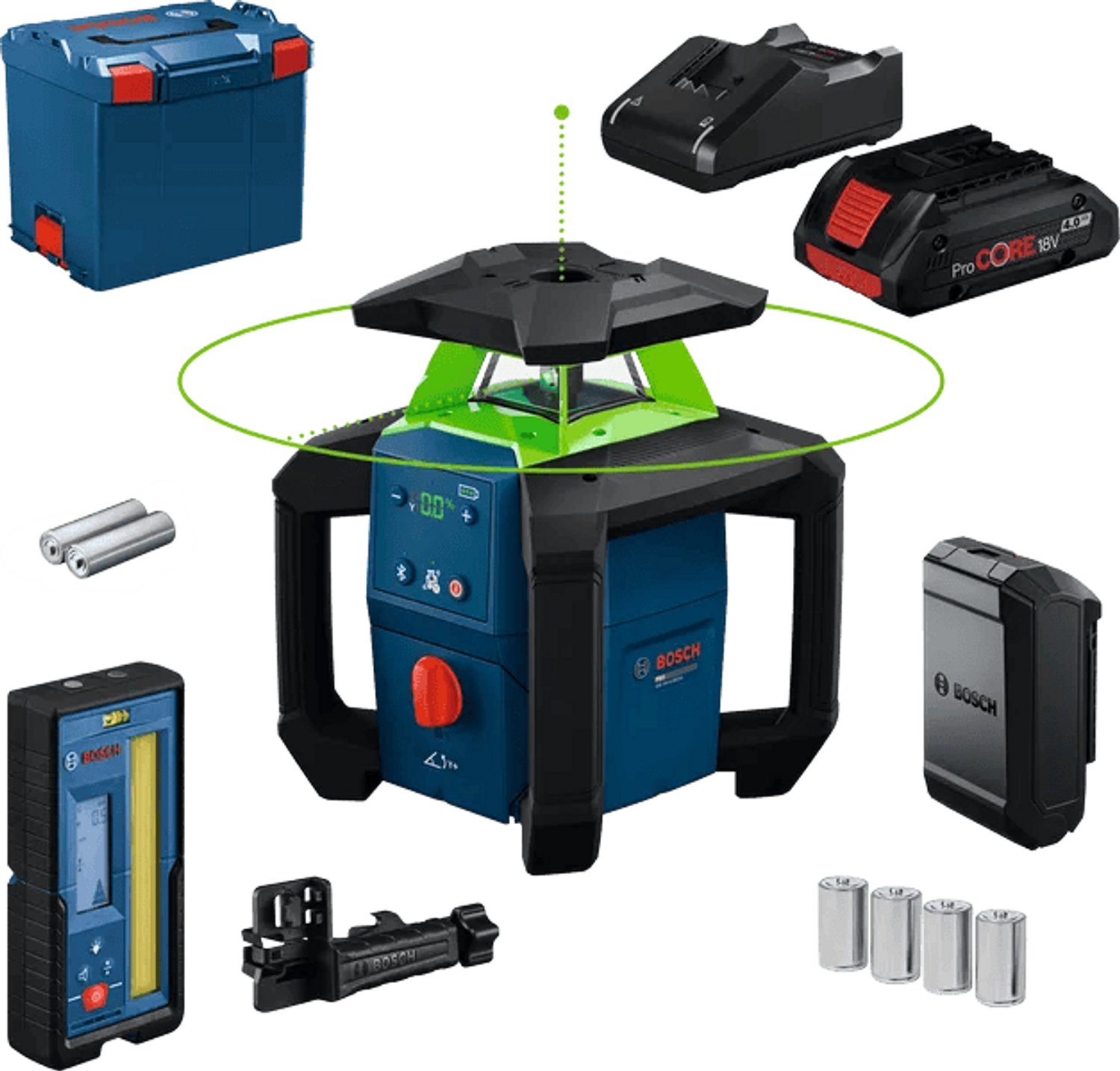 Bosch Professional GRL18V-4-34CVG Laser rotante batteria inclusa, incl. ricevitore laser, Laser verde, Custodia inclusa