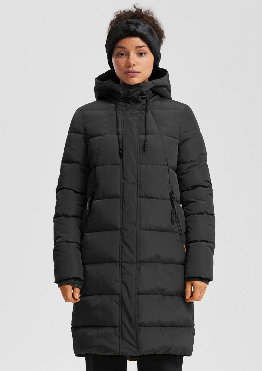 Damenlange Daunenjacke mit Kapuze und Reißverschlusstaschen QS