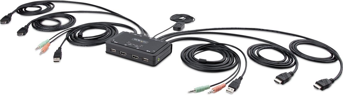 StarTech.com 2-Port Dual-Monitor HDMI Cable KVM Switch 4K 60Hz Compact KVM with 5ft/1.5m USB-A/HDMI/Audio Integrated Cables Bus Powered