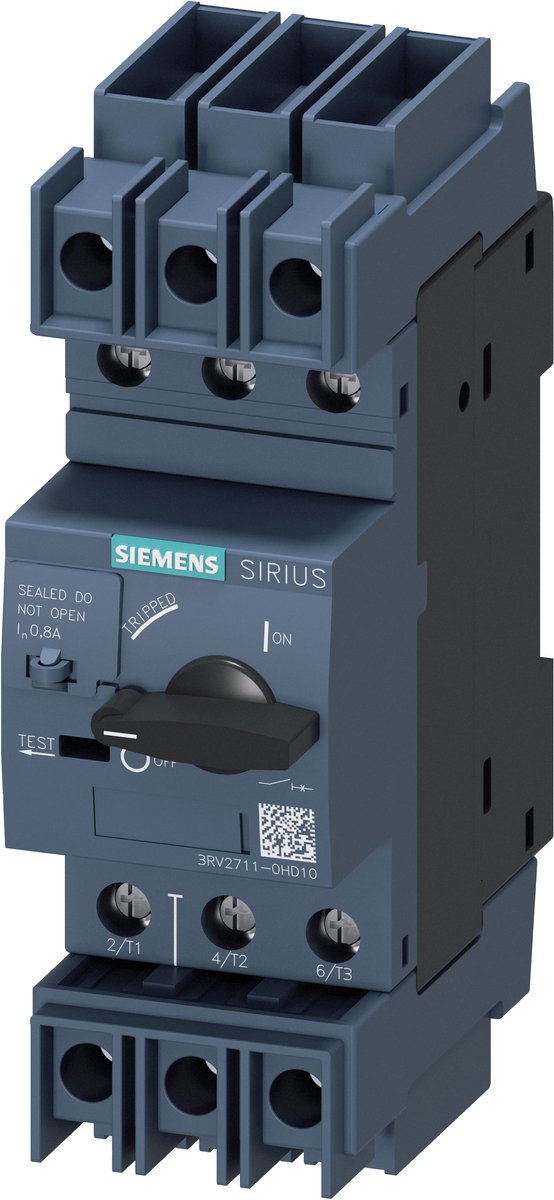 Disjoncteur Siemens 3RV2711-0HD10 Plage de réglage (courant): 0.8 A (max) Tension de contact (max.): 690 V/AC (l x H x P) 45 x 144 x 97 mm 1 pc(s) Piece