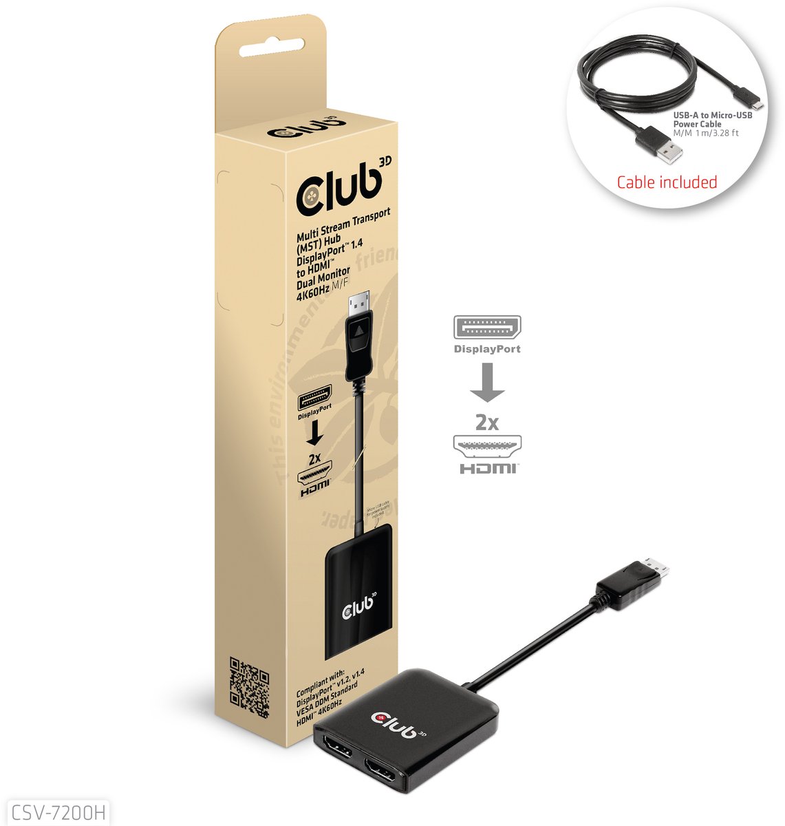 CLUB3D CSV-7200H Videosplitter DisplayPort 2x HDMI