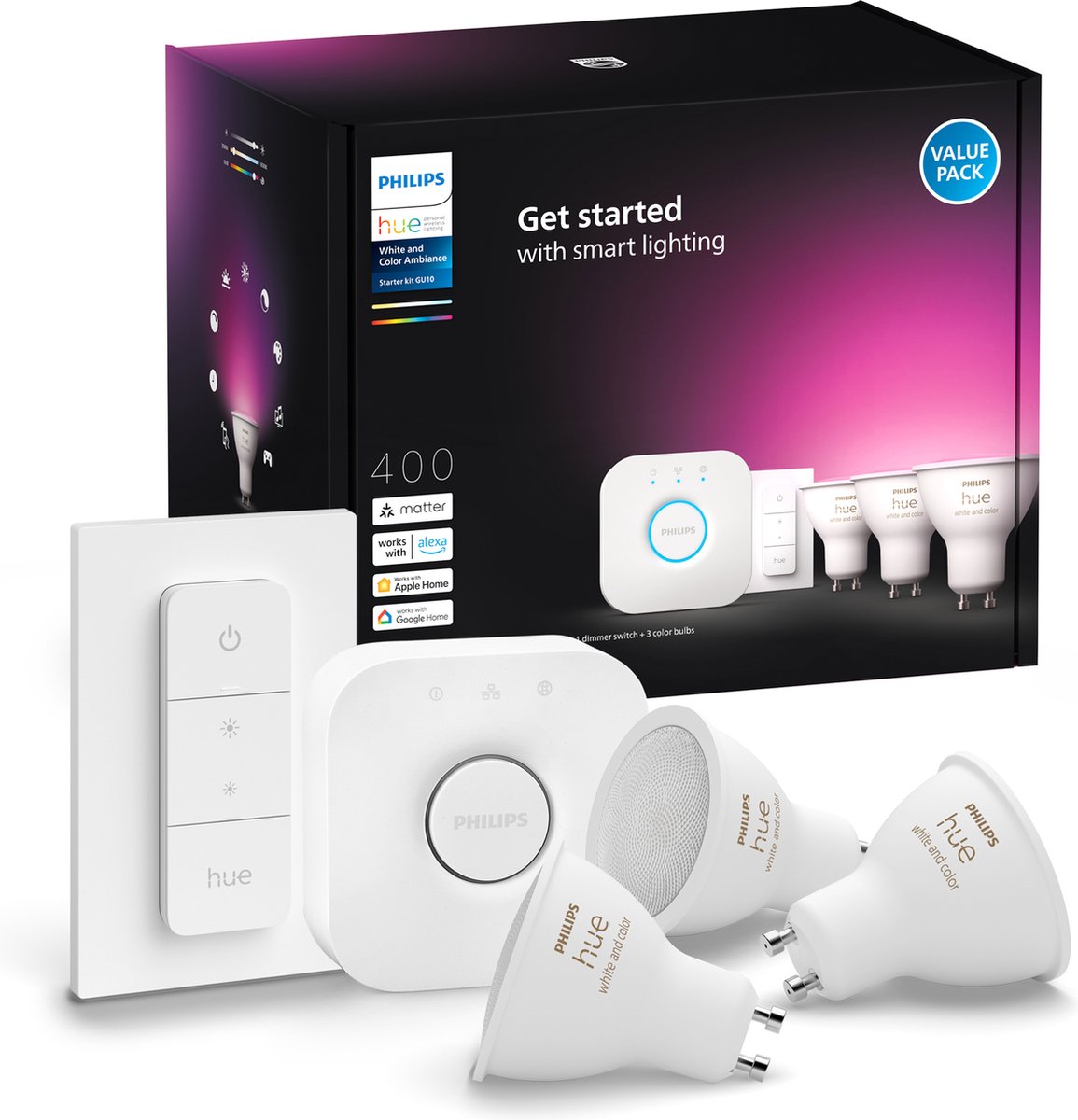 Philips Hue Startpaket: 3x White & Color GU10 + Dimmer + Bridge